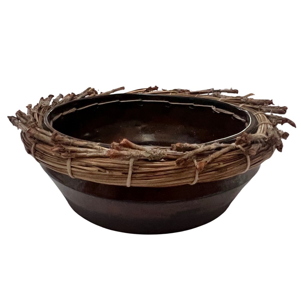 Anita and Vivian Raku Studio Pottery Rustic Brown Glazed Bowl Bird Nest Look